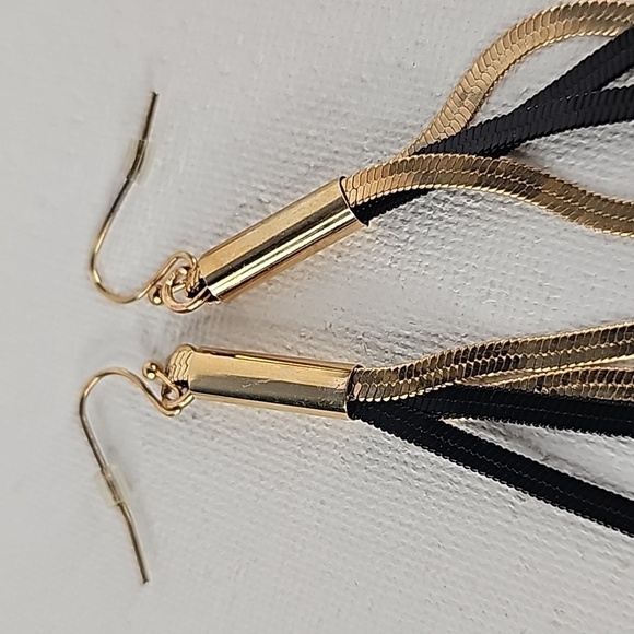 Noir Gold & Black Fringe Dangling Drop Earrings - Picture 4 of 11